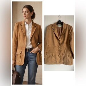 Tan Faux Suede Blazer Jacket Size L Classic Heritage Quiet Luxury Style